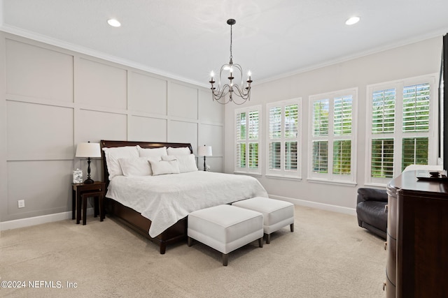 carpeted bedroom featuring ornamental molding, a notable chandelier, and multiple windows