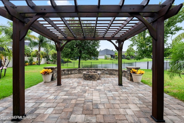 view of patio featuring a fire pit, a pergola, and a water view