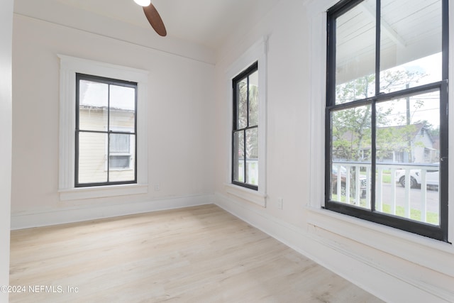 spare room with ceiling fan, light hardwood / wood-style flooring, and a healthy amount of sunlight