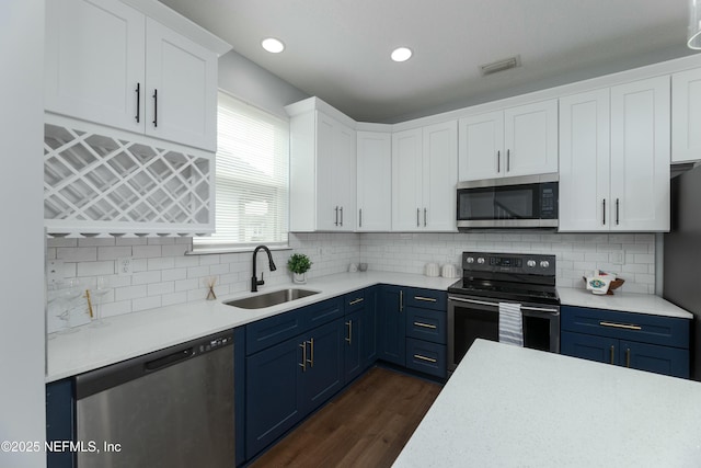 kitchen featuring stainless steel appliances, blue cabinets, a sink, and white cabinetry