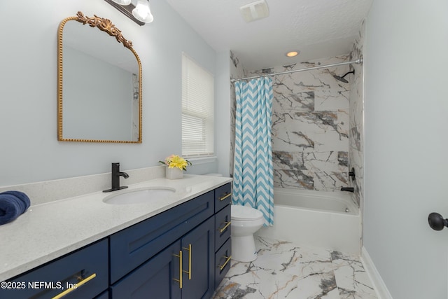 full bathroom with toilet, vanity, visible vents, marble finish floor, and shower / bath combo with shower curtain