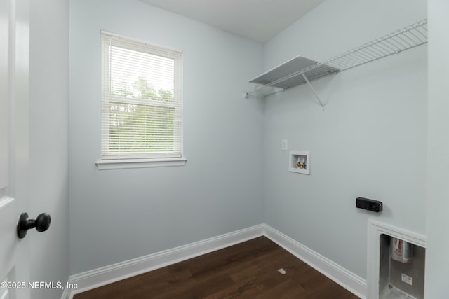 laundry room with dark wood-style floors, laundry area, hookup for a washing machine, and baseboards