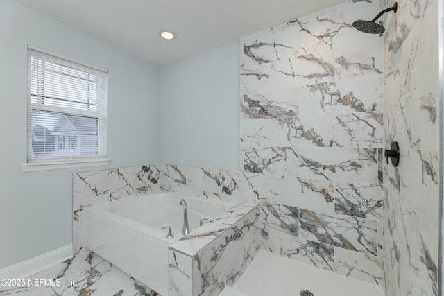 full bathroom featuring a garden tub, recessed lighting, baseboards, marble finish floor, and a marble finish shower