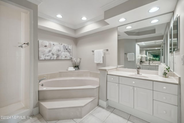 bathroom featuring ornamental molding, tile patterned flooring, vanity, and separate shower and tub