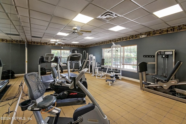 exercise room with a wealth of natural light, ceiling fan, and a paneled ceiling