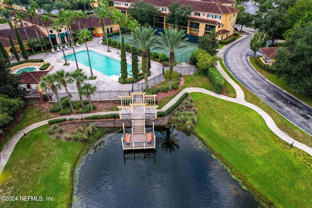 drone / aerial view with a water view