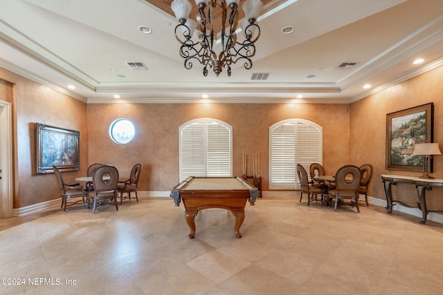 game room featuring ornamental molding, pool table, and a raised ceiling