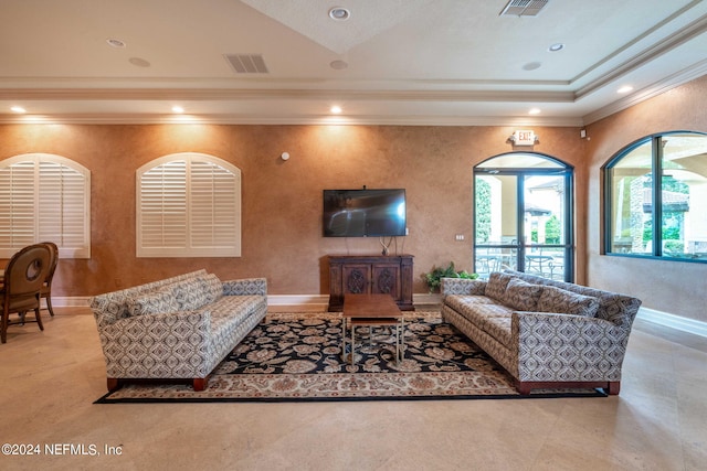 living room with crown molding