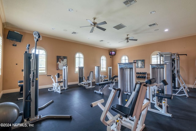 gym featuring ornamental molding, ceiling fan, and plenty of natural light