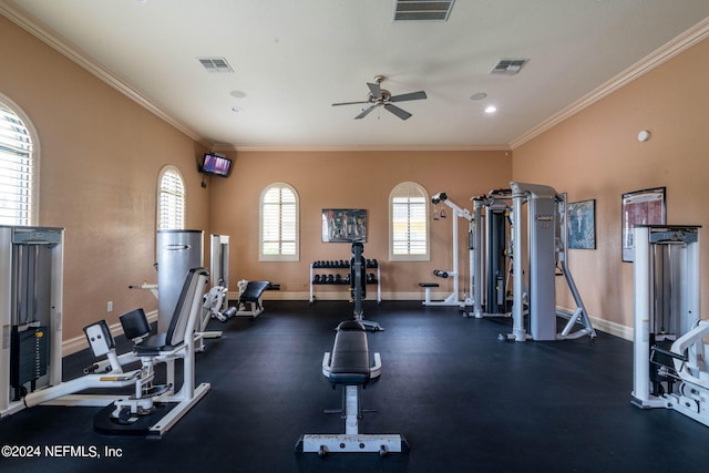 exercise room featuring ceiling fan, plenty of natural light, and ornamental molding