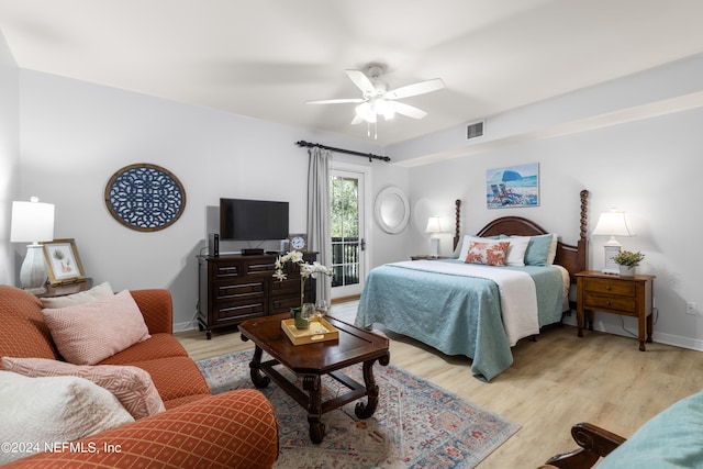 bedroom with ceiling fan and light wood-type flooring