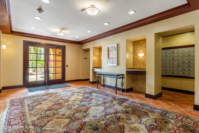 interior space featuring french doors and a mail area