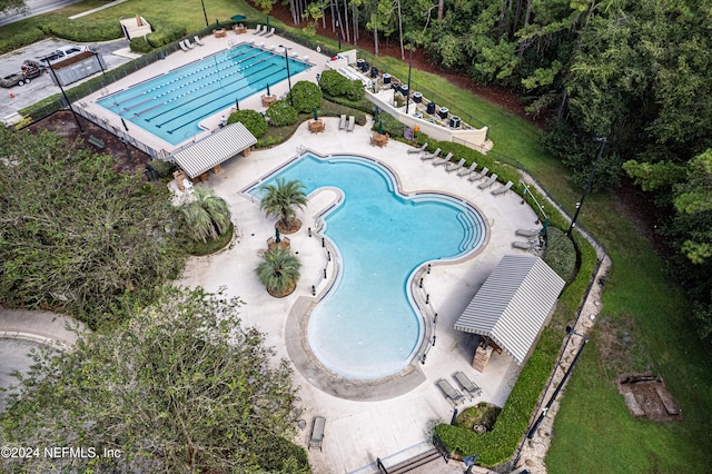 view of pool with a yard and a patio area