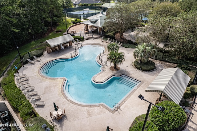 view of pool with a patio and a gazebo