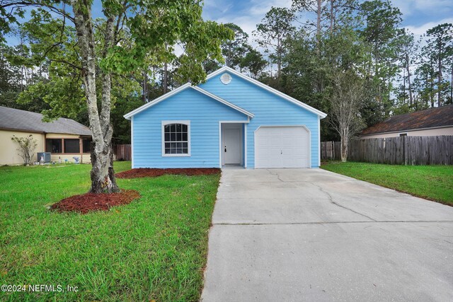 single story home with a front yard, central air condition unit, and a garage