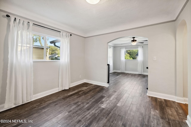 unfurnished room featuring ceiling fan, plenty of natural light, and dark wood-type flooring