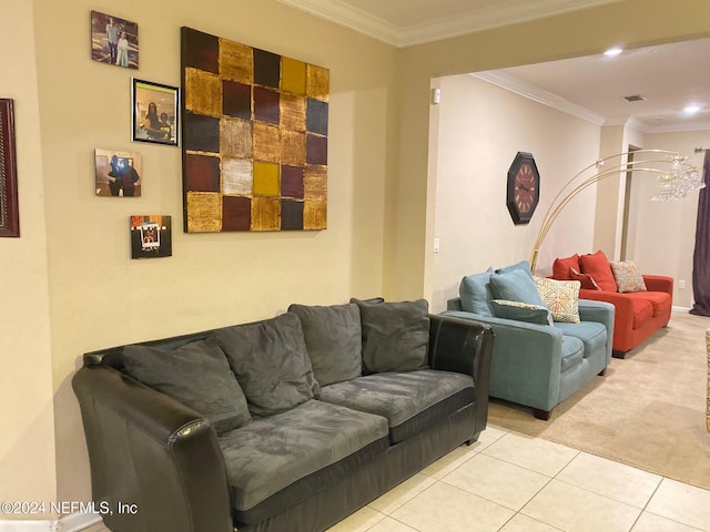 carpeted living room with ornamental molding