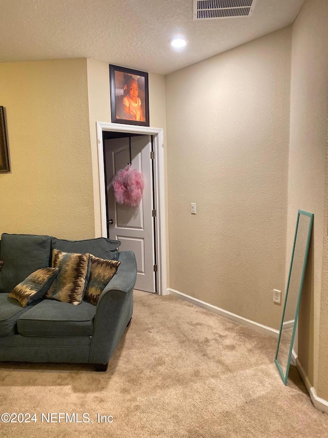 living room featuring a textured ceiling and light colored carpet