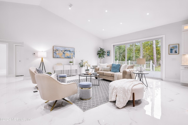 living room featuring high vaulted ceiling