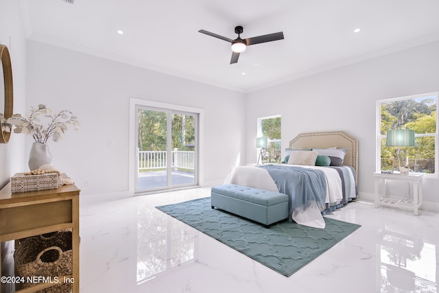 bedroom featuring access to outside, ornamental molding, and ceiling fan