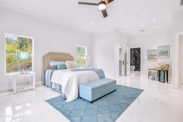 bedroom with crown molding, ceiling fan, a walk in closet, and a closet