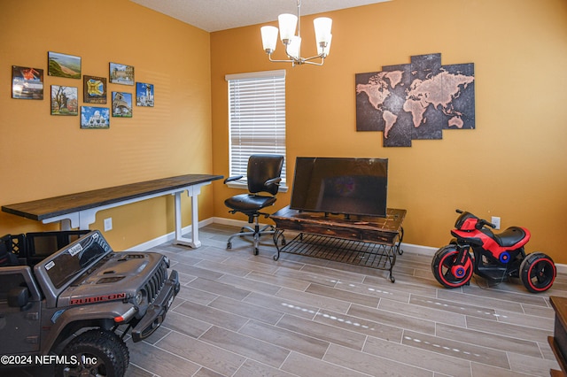 interior space featuring a textured ceiling and a chandelier