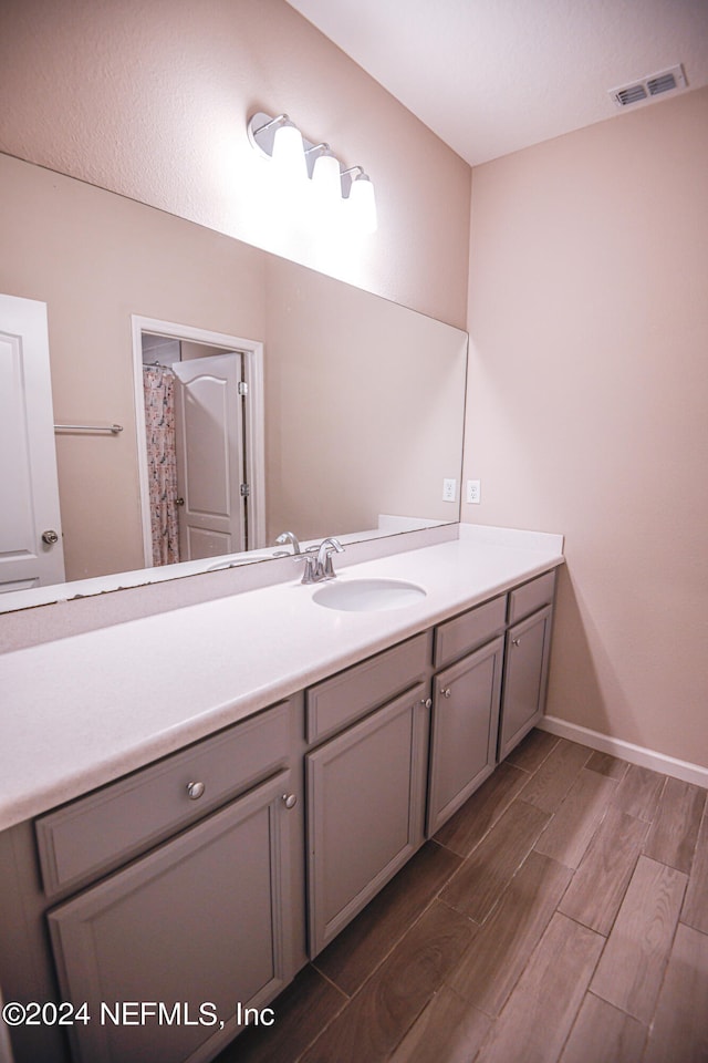 bathroom with hardwood / wood-style flooring and vanity