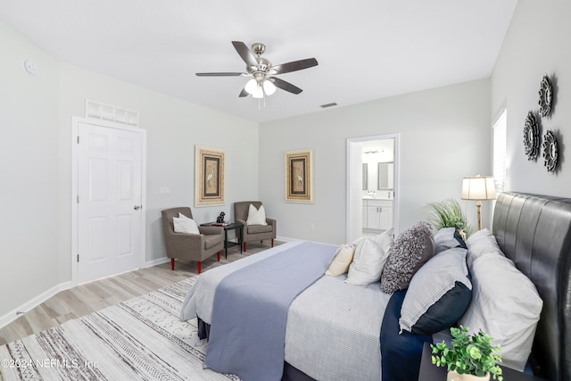 bedroom with ceiling fan, light hardwood / wood-style flooring, and ensuite bathroom