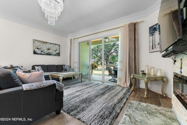 living room with ornamental molding and wood-type flooring