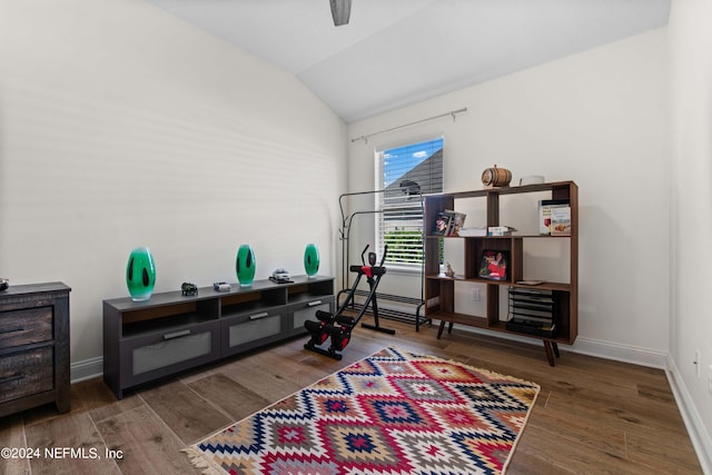 workout area featuring vaulted ceiling, ceiling fan, and hardwood / wood-style flooring