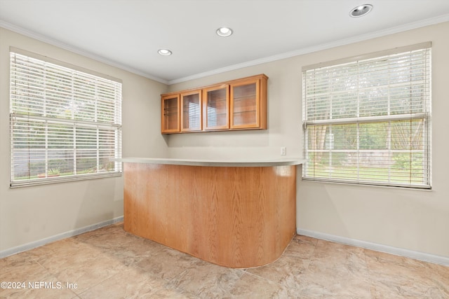 bar with crown molding and a wealth of natural light