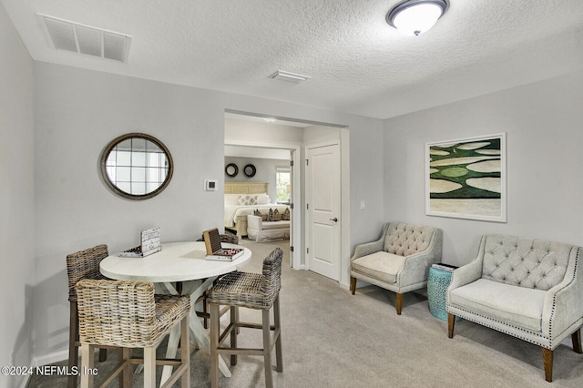 carpeted dining space featuring a textured ceiling