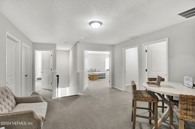 interior space with light carpet and a textured ceiling