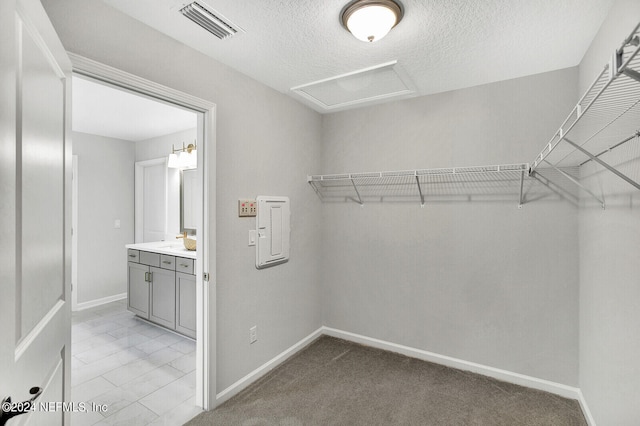 walk in closet featuring electric panel, light carpet, and sink