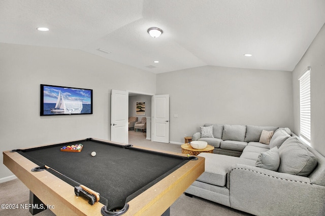 recreation room featuring vaulted ceiling, light colored carpet, and billiards