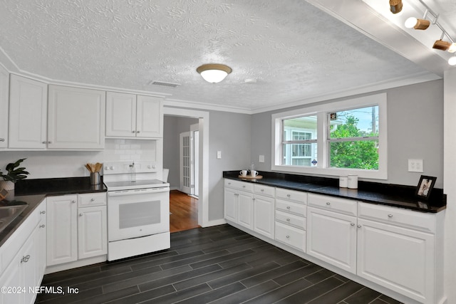 kitchen featuring white cabinets, ornamental molding, a textured ceiling, white electric range, and dark hardwood / wood-style flooring