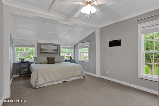 carpeted bedroom featuring ceiling fan and vaulted ceiling