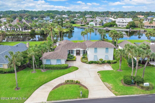 drone / aerial view featuring a water view