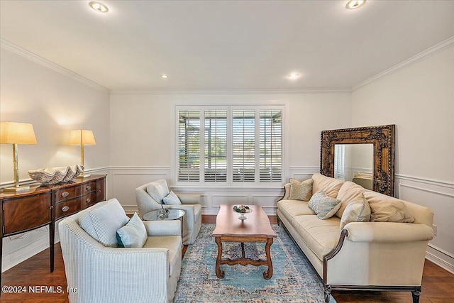 living room featuring crown molding and dark hardwood / wood-style flooring