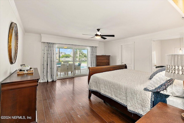 bedroom with ornamental molding, dark hardwood / wood-style flooring, ceiling fan, and access to exterior