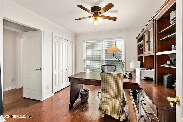 home office featuring crown molding, dark hardwood / wood-style flooring, and ceiling fan