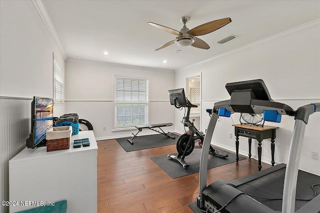 workout area with ceiling fan, ornamental molding, and dark hardwood / wood-style flooring