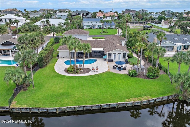 aerial view featuring a water view