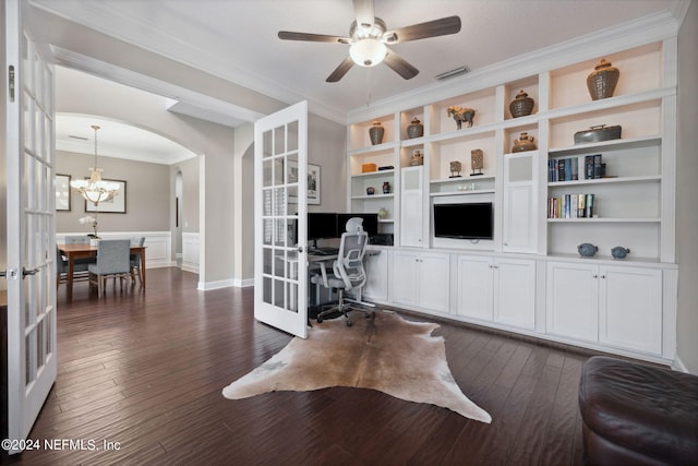 office space featuring ceiling fan with notable chandelier, crown molding, french doors, and dark hardwood / wood-style floors