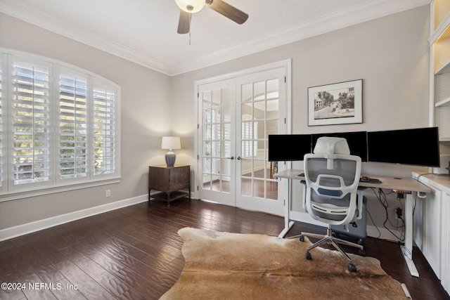 home office featuring french doors, crown molding, dark wood-type flooring, and ceiling fan