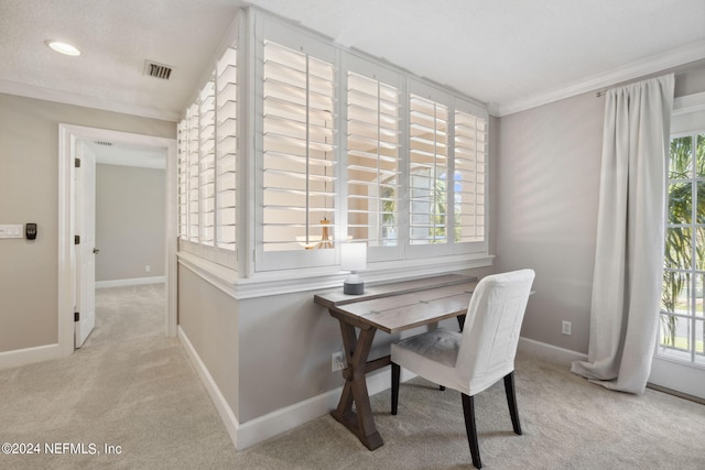 dining room with light colored carpet and a wealth of natural light