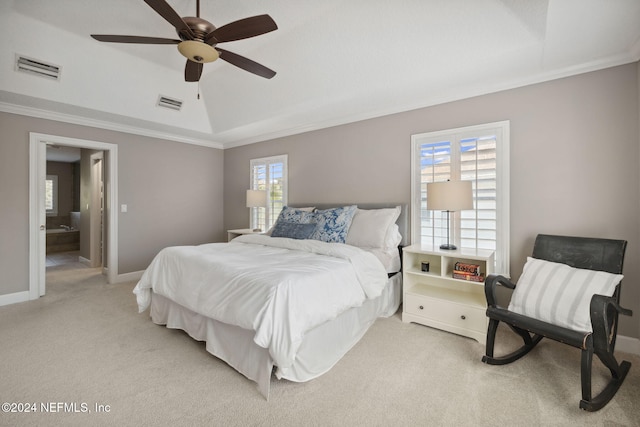 carpeted bedroom with ornamental molding, multiple windows, and ceiling fan