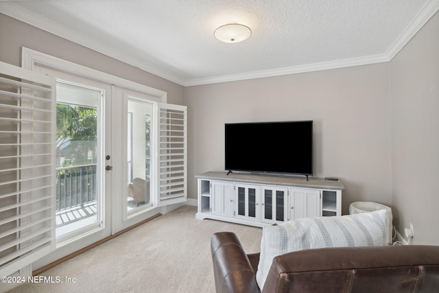 living room with ornamental molding, carpet floors, and a textured ceiling