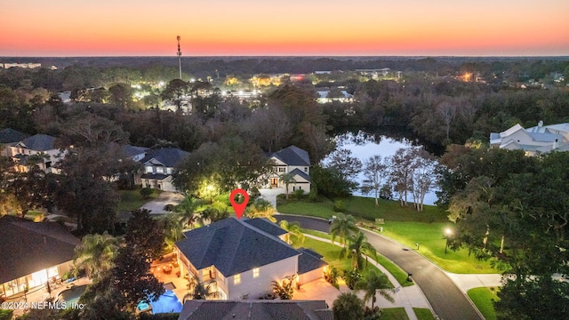 view of aerial view at dusk