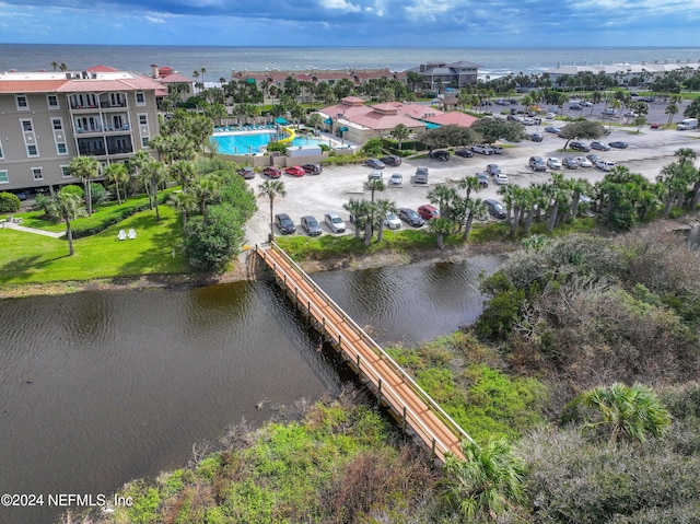 drone / aerial view featuring a water view